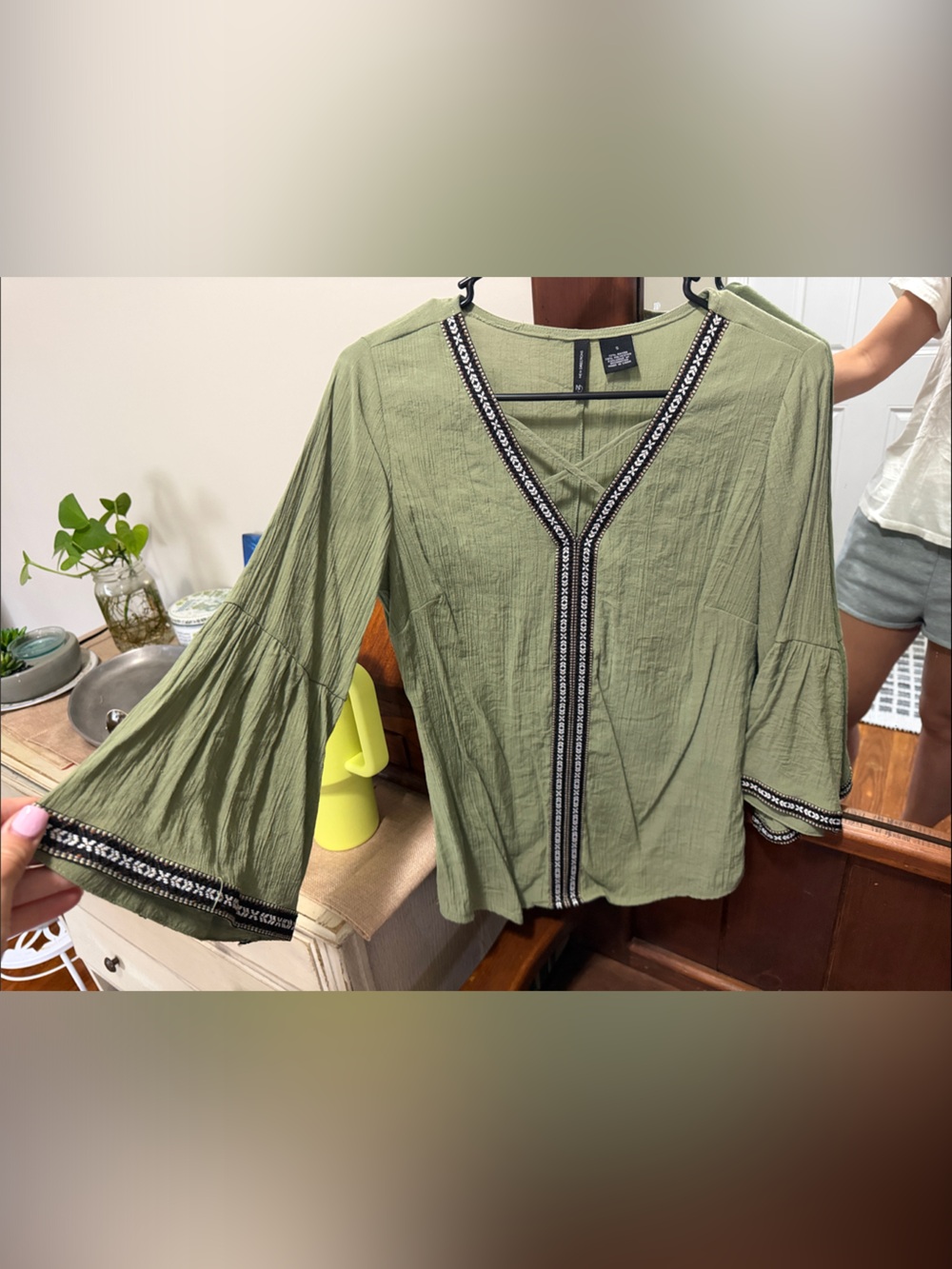 new directions Olive Green V-Neck Bell Sleeve Shirt with Embroidered Trim